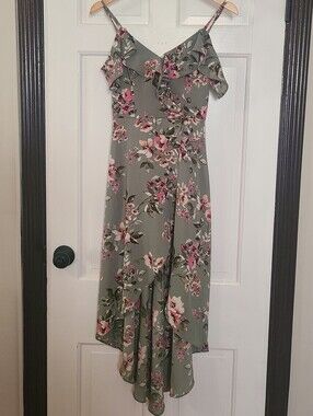by & by Sage Green Floral High-Low Ruffle Midi Dress